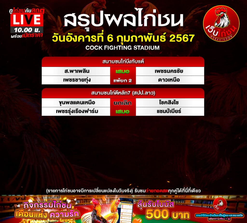 สรุปผลไก่ชน6267